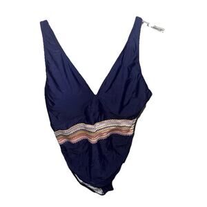 Women’s Navy Blue One-Piece Swimsuit Smocked Waist Adjustable Straps Unbranded